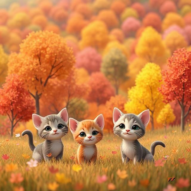 Fall trees with a few kitties in the foreground