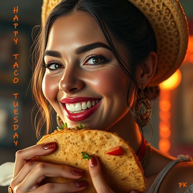 Smiling Lady with a hat and a taco. It says: Happy Taco Tuesday