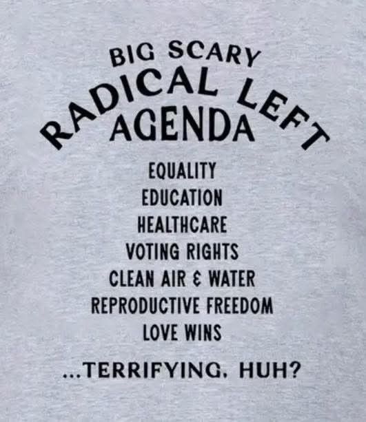 Big Scary Radical Left Agenda: Equality, Education, Healthcare, Voting Rights, Clean Air & Water, Reproductive Freedom - Love Wins .....Terrifying, huh?