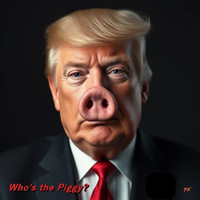 AI picture of Trump with a pig's nose. It says: Who's the Piggy?