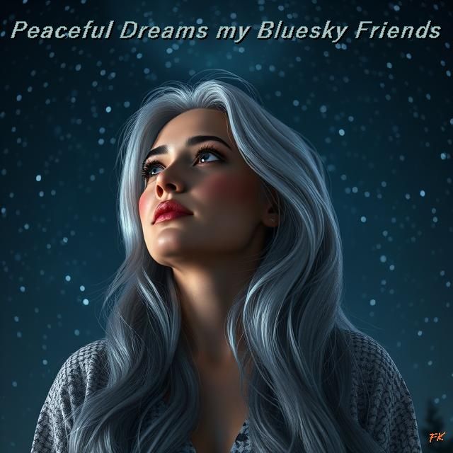 Silver haired woman gazing into the starry night. It says: Peaceful Dreams my Bluesky Friends