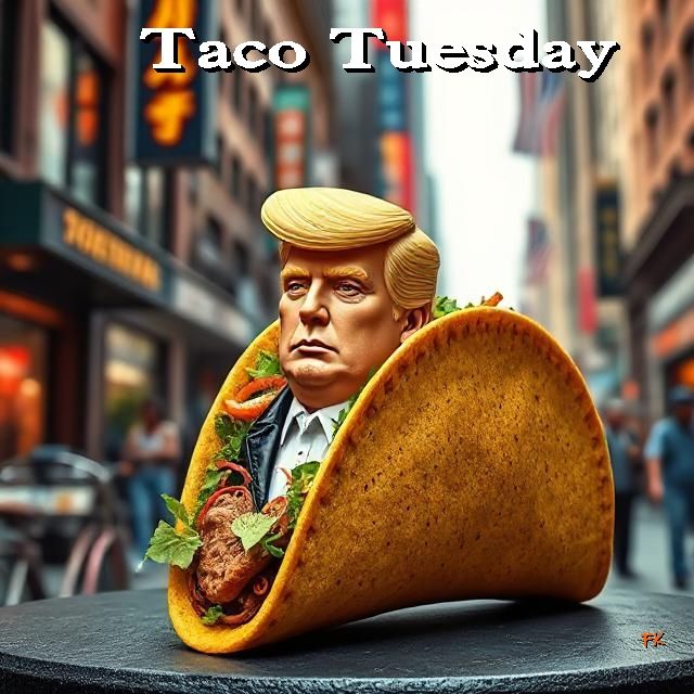 Bust of Trump in a taco on a table in the city. It says Taco Tuesday