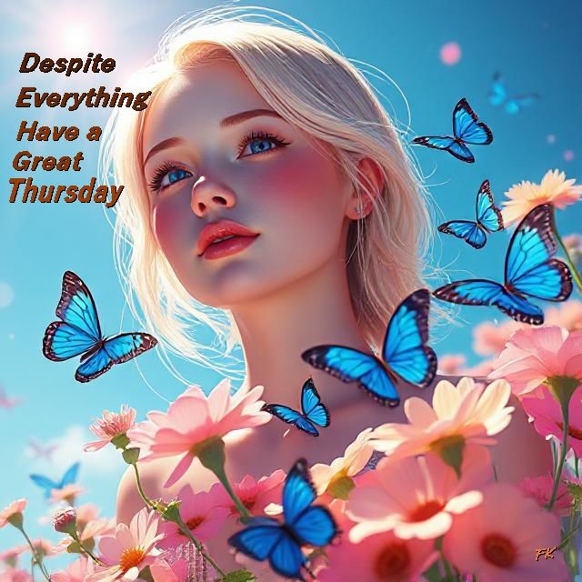 Blond girl in the middle of flowers and butterflies on a sunny day. It says:
Despite everything have a great Thursday!