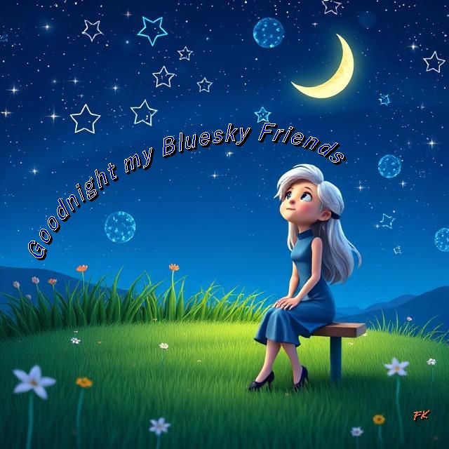 Cartoon of a night sky with stars and a crescent moon. There's a meadow with a lady with long silver hair sitting on a bench looking up at the sky. It says: Goodnight my Bluesky Friends