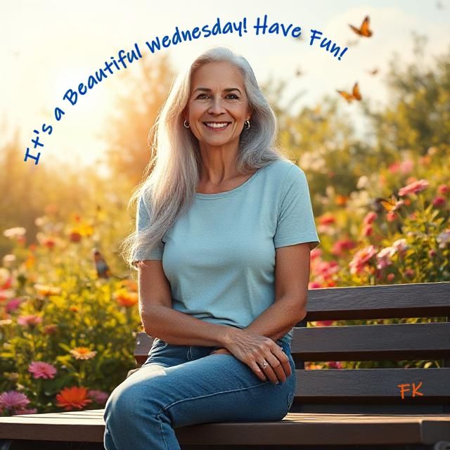 Woman with silver hair sitting on a bench in a park. It says: It's a Beautiful Wednesday! Have Fun!