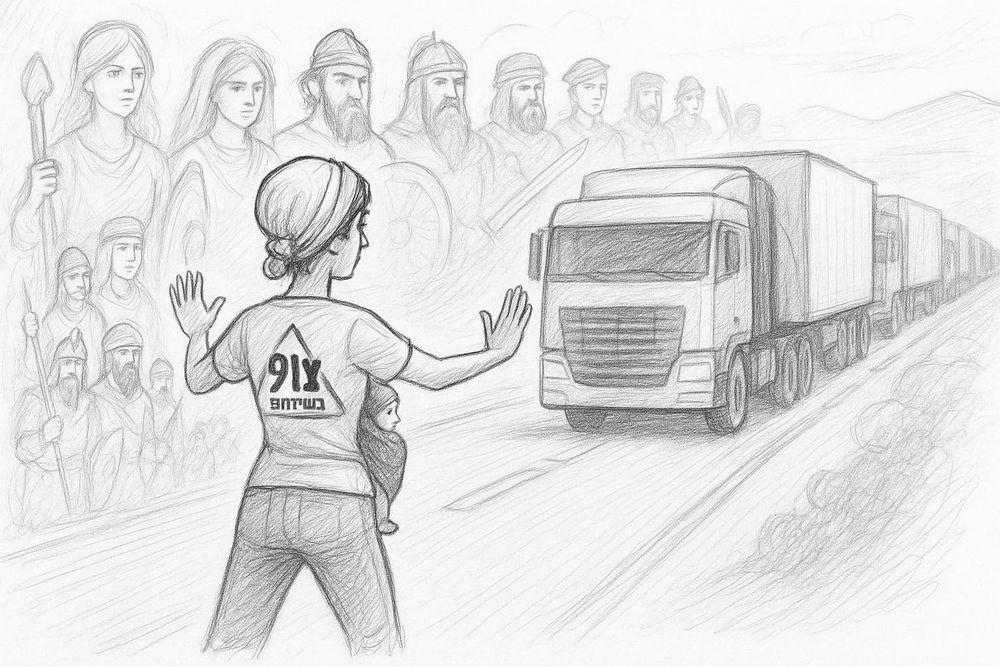 Possibly AI-generated sketch of a lady using a baby as a human shield to block aid trucks while being watched over by ghosts with swords and spears