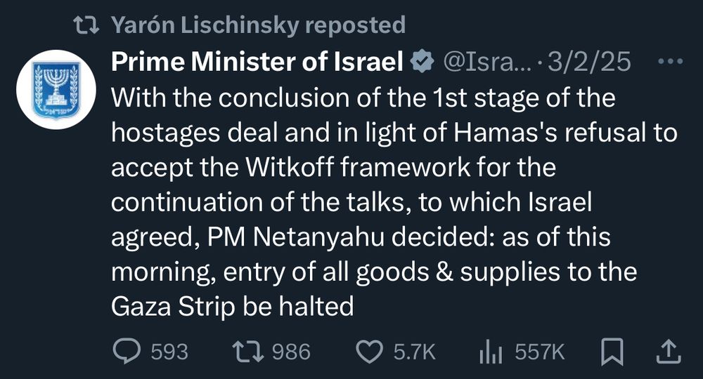 Yaron retweeting Netanyahu’s announcement that he’s starving the people of Gaza