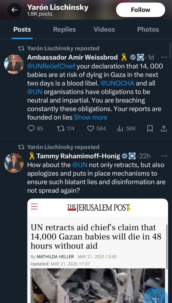Yaron retweeting Israeli officials slandering a UN human rights chief raising an alarm over Israel’s deliberate starvation of Gaza