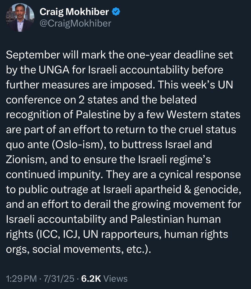 Tweet from Craig Mokhiber:

September will mark the one-year deadline set by the UNGA for Israeli accountability before further measures are imposed. This week's UN conference on 2 states and the belated recognition of Palestine by a few Western states are part of an effort to return to the cruel status quo ante (Oslo-ism), to buttress Israel and Zionism, and to ensure the Israeli regime's continued impunity. They are a cynical response to public outrage at Israeli apartheid & genocide, and an effort to derail the growing movement for Israeli accountability and Palestinian human rights (ICC, ICJ, UN rapporteurs, human rights orgs, social movements, etc.).