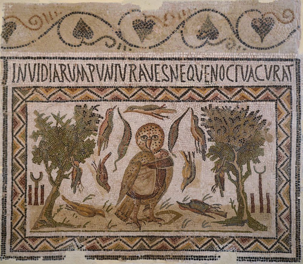 Invidia rumpuntur aves, neque noctua curat.
The birds are bursting with envy, and the owl does not care.

The mosaic is said to symbolise victory over envy.