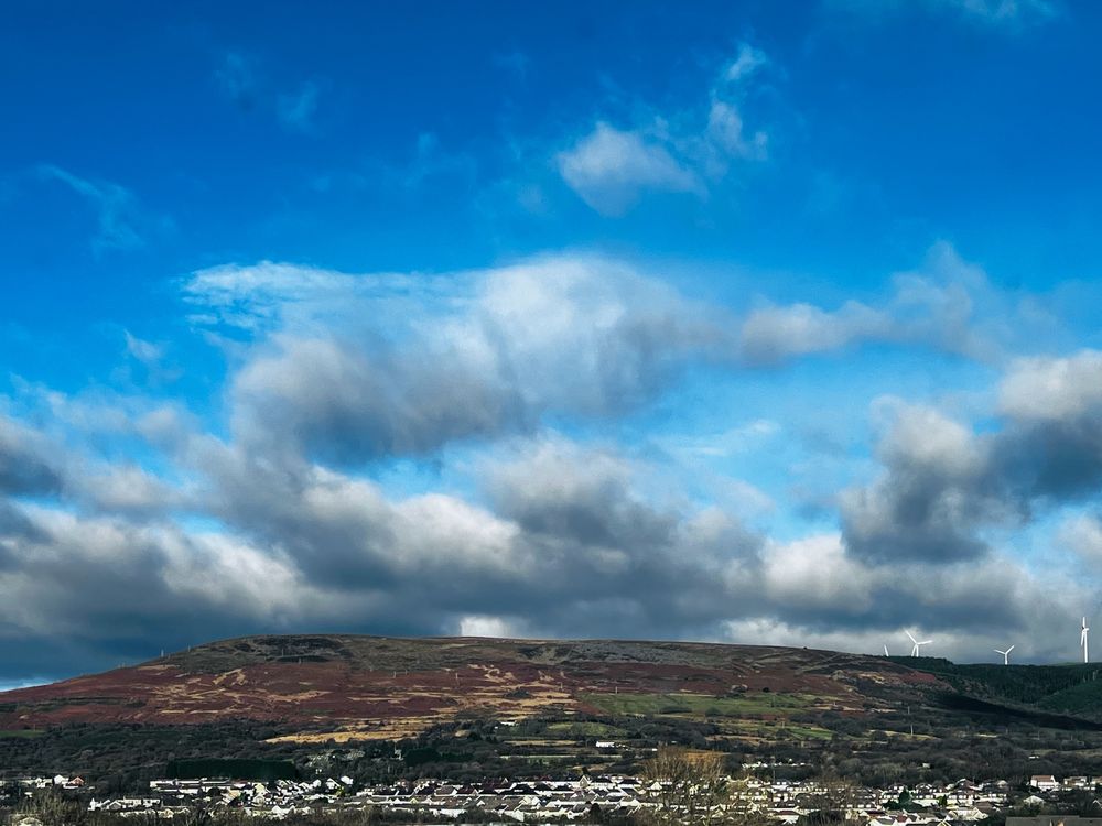 Mountain, blue sky, clouds 