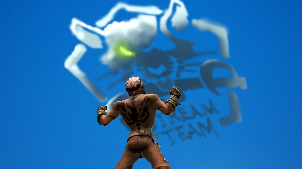 A pink haired pirate looking up to a cloud with the shape of a rat biting a cutlass, a text can be read saying "Stream Team". I GOT ACCEPTED!!!