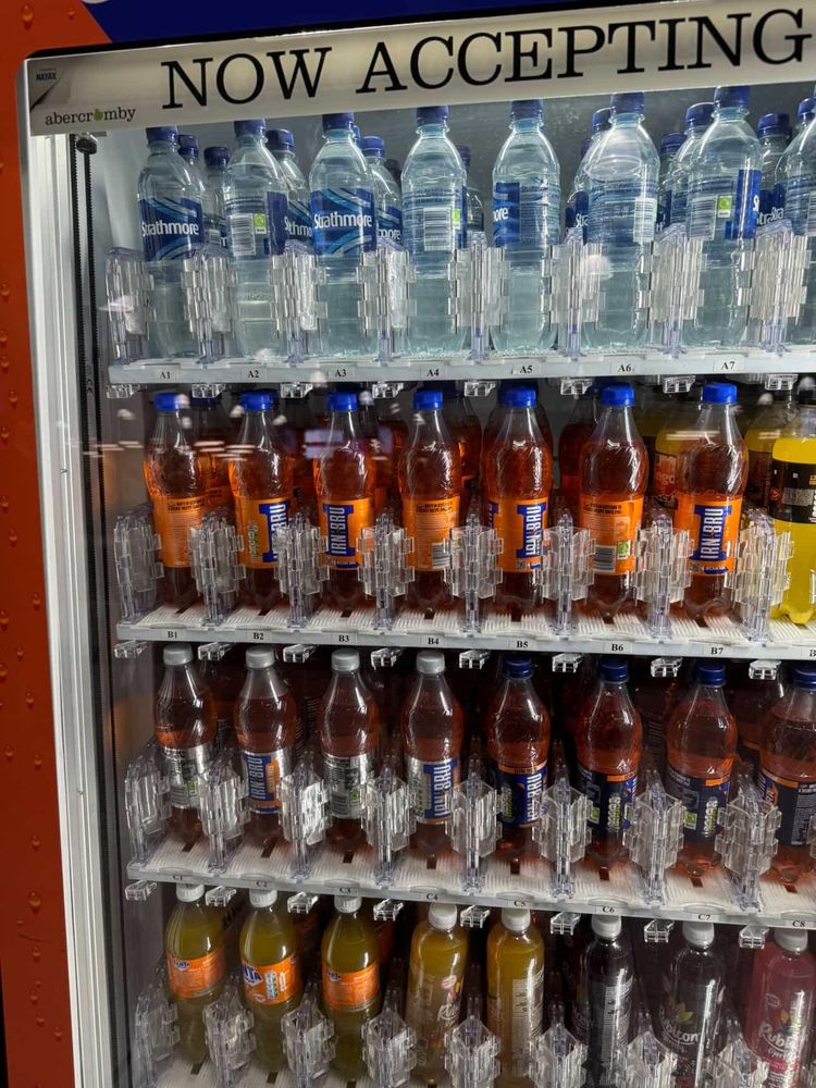 Refrigerated case with glass door housing four rows of different drinks. Two rows contain Irn Bru.