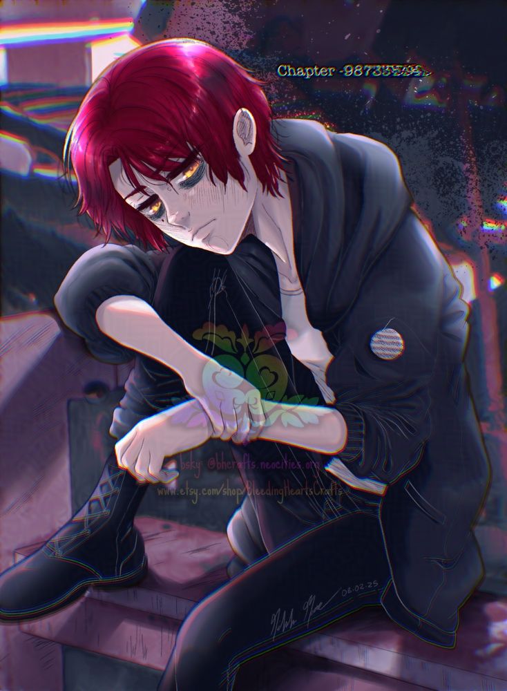 a younger Eirnin from my webtoon/printed indie comic Vitalism, backlit and sitting in some abandoned building 