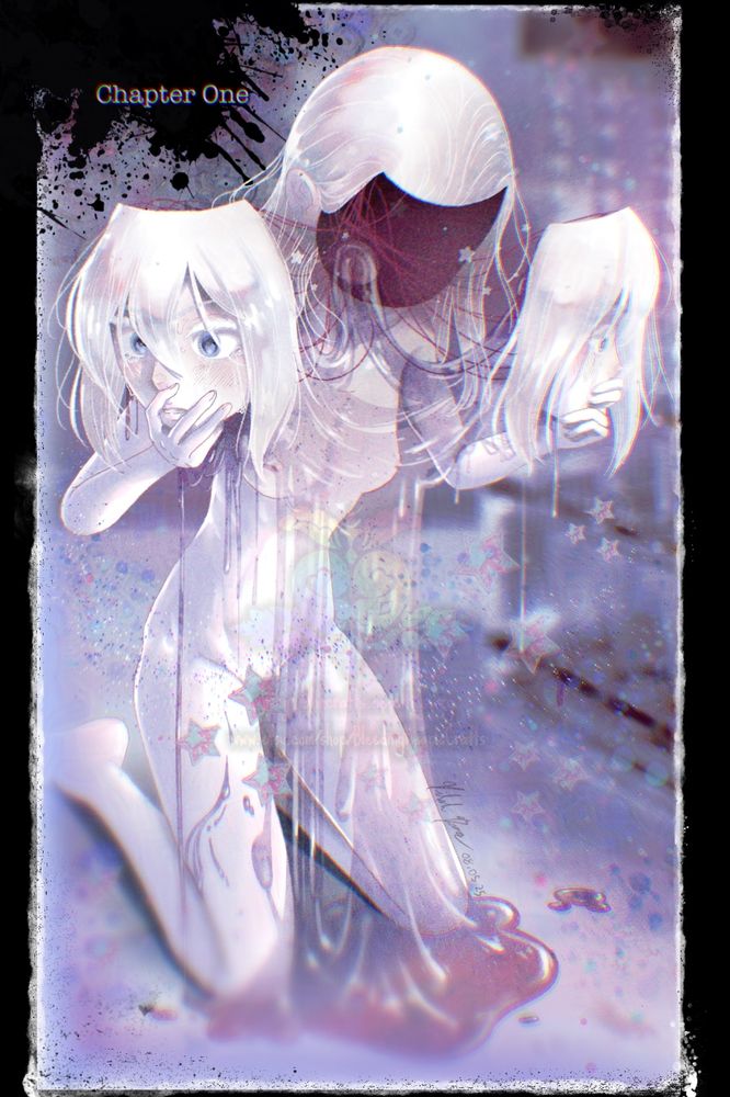 Reyn from my horror webcomic/printed comic series Vitalism pulling two faces off her head with goo dripping out from inside