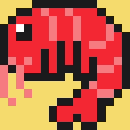 薄い黄色の背景に描かれた16×16のドット絵のエビ。