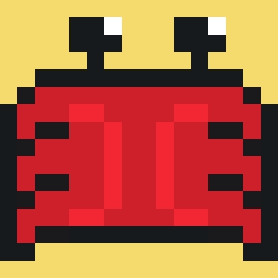 薄い黄色の背景に描かれた16×16のドット絵のカニ。
