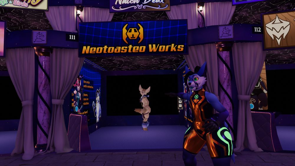 Toastador pointing excitedly at their booth at furality Somna's dealer den