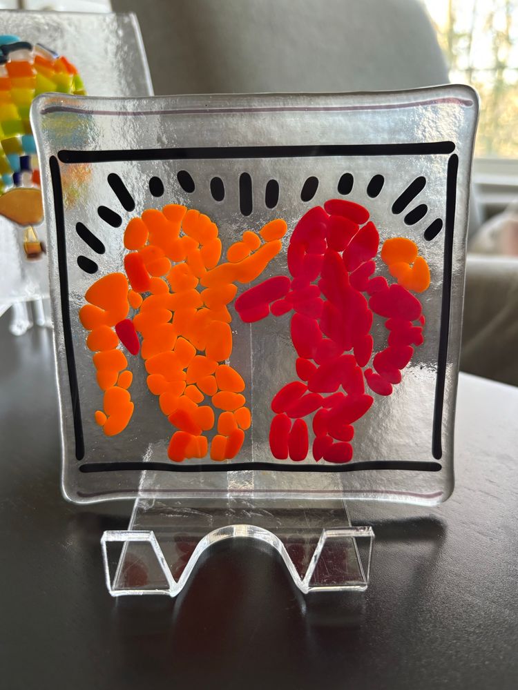 An attempt at Keith Haring's "Best Buddies" in fused glass.