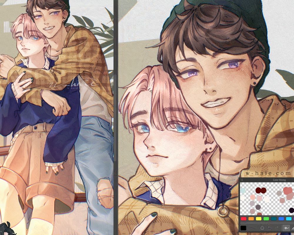 Drawing of my two male ocs in a backhug. 