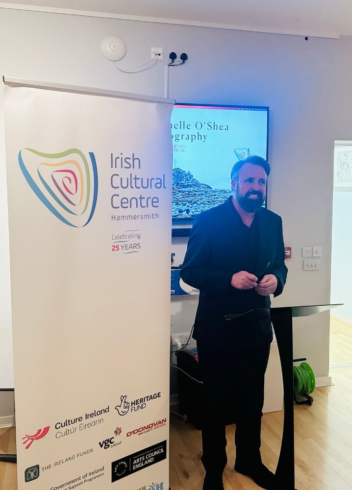 Institute of Irish Studies Strategy and Innovation Officer Gerry Diver speaking from the lectern durign the launch of Silent Seas