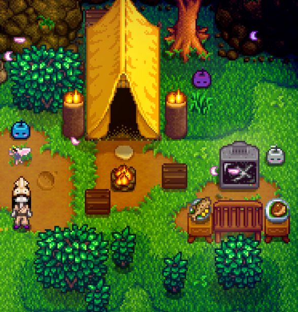 A cropped screenshot from Stardew Valley mobile, showing Linus’ tent and living area. My OC for this run stands off to the left; in the upper center is Linus’ yellow tent, with a campfire and wooden box stools below it, around which I’ve added 2 torches and 3 sleeping junimos. Off to the right, I have placed the broken television from the game’s Trash Catalogue, with a wooden bench facing it, with a retro end table to either side. On the right table, for Linus, I’ve placed a plate of crispy bass; on the left one, I’ve put a plate of baked fish for Leo. I’ve placed 2 torches behind the TV to make it glow slightly. 