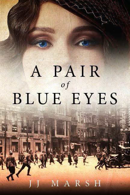 Book cover: woman’s face over historical street scene