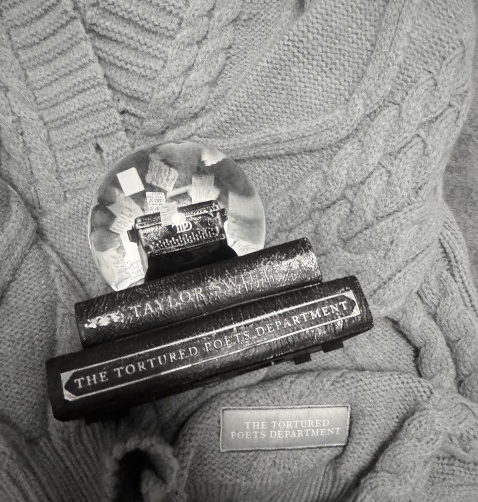 Grey cardigan with a snow globe with two books as a base that say Taylor Swift and the tortured poets department 