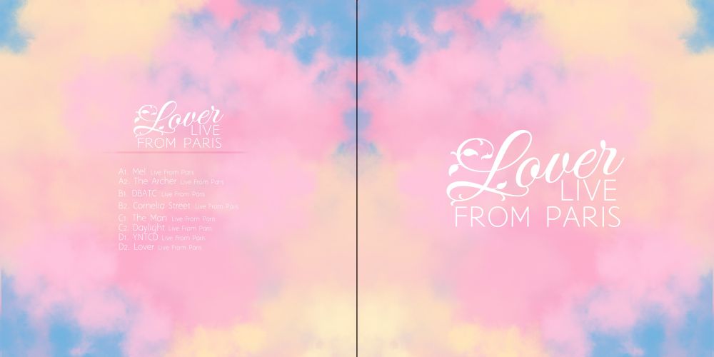 Yellow, blue and pink cloud background with lover live from Paris text and the track list for lover live from Paris 