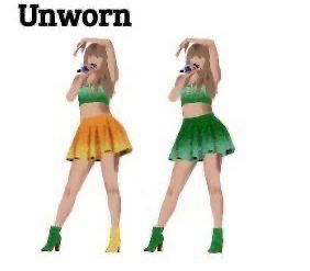 An illustration of a singer wearing a green top, yellow skirt and one green and yellow boot and an all green outfit 