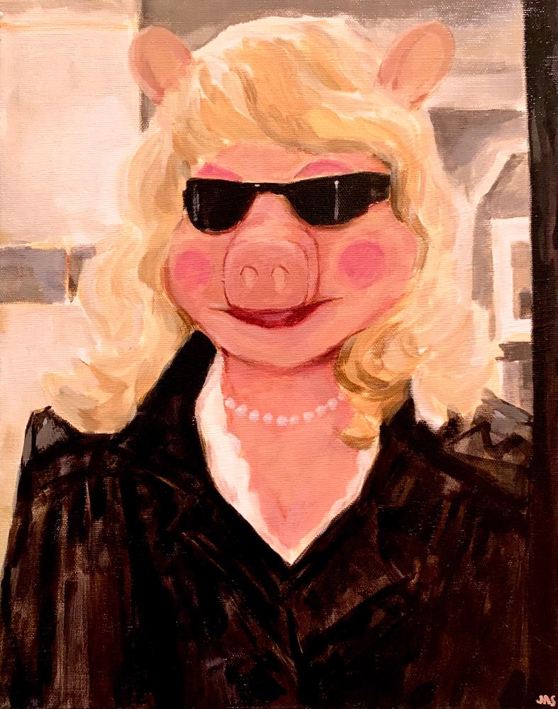 Miss piggy waiting for the elevator.
