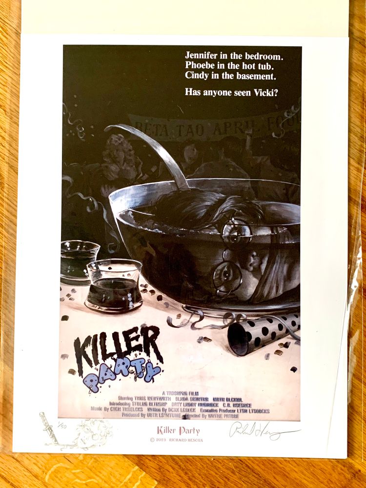 A grey scaled poster for the movie Killer Party. A woman’s head is in a punch bowl on a table with party favors and drinks.
