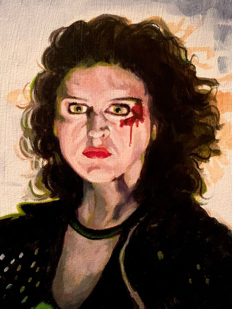 A painting of an under lit women clearly sent from hell to make our lives better. She’s got a leather jacket, red lipstick, and some hair that is all business.
