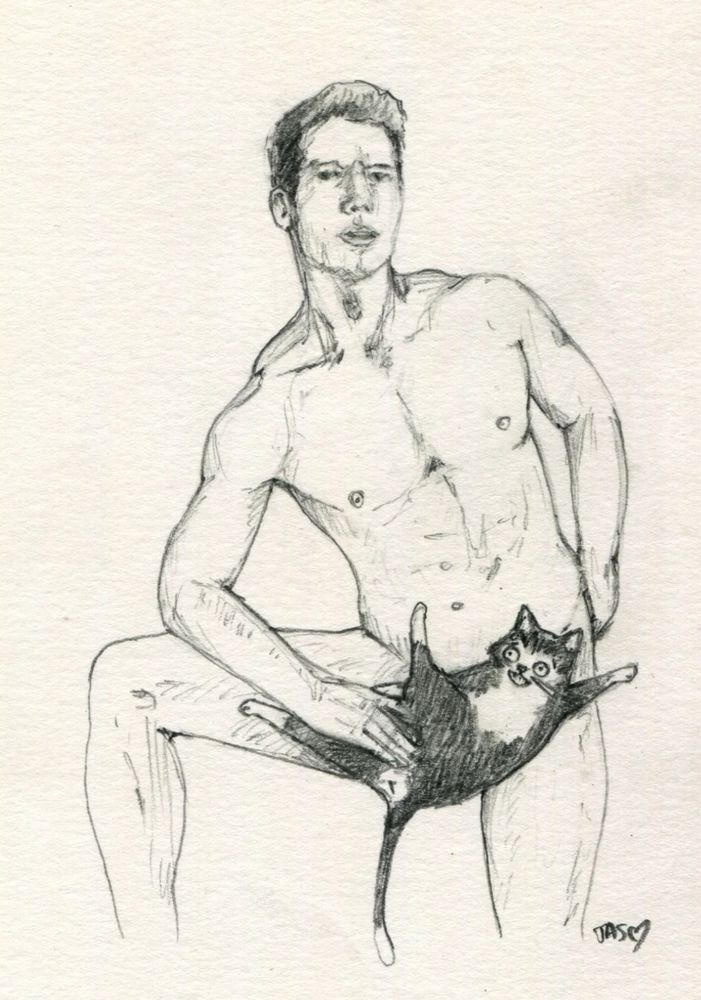 A drawing of a nude glen powell with a well placed cat in front of him. From the show Scream Queens