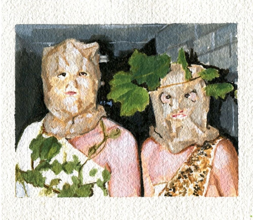 A painting of two people standing with paper bags over their head, with vines wrapped around them in a dark room.