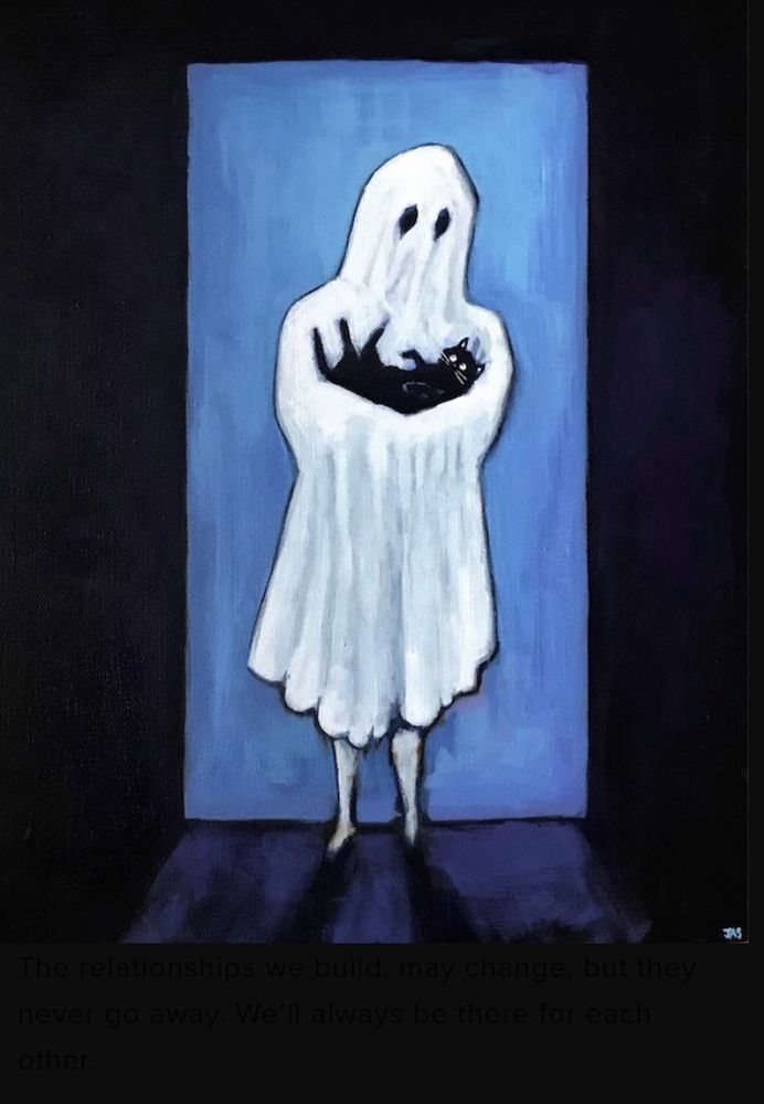 A painting of a sheet ghost standing in an entrance way holding a black cat in its arms. The cat is cradled like a baby looking up with a smile on its face. 