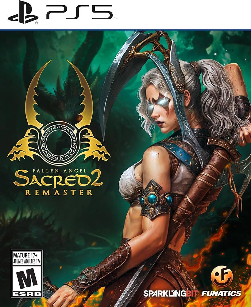 The cover of a remaster of the game sacred 2z a woman is turning her head towards the viewer while grabbing a weapon from her sheathe 