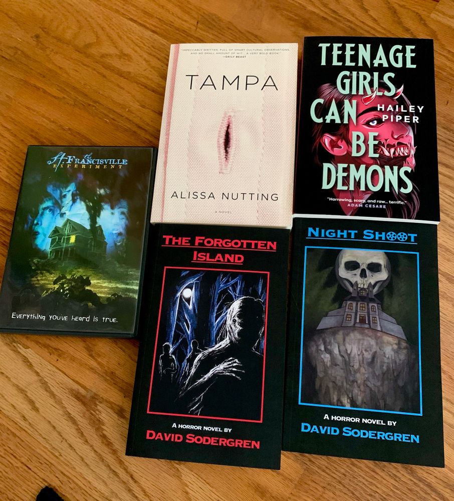 A picture of four books and one movie. Tampa by Alissa Nutting, Teenage Girls Can Be Demons by Hailey Piper, The Forgotten Island and Night Shoot by David Sodergren!
