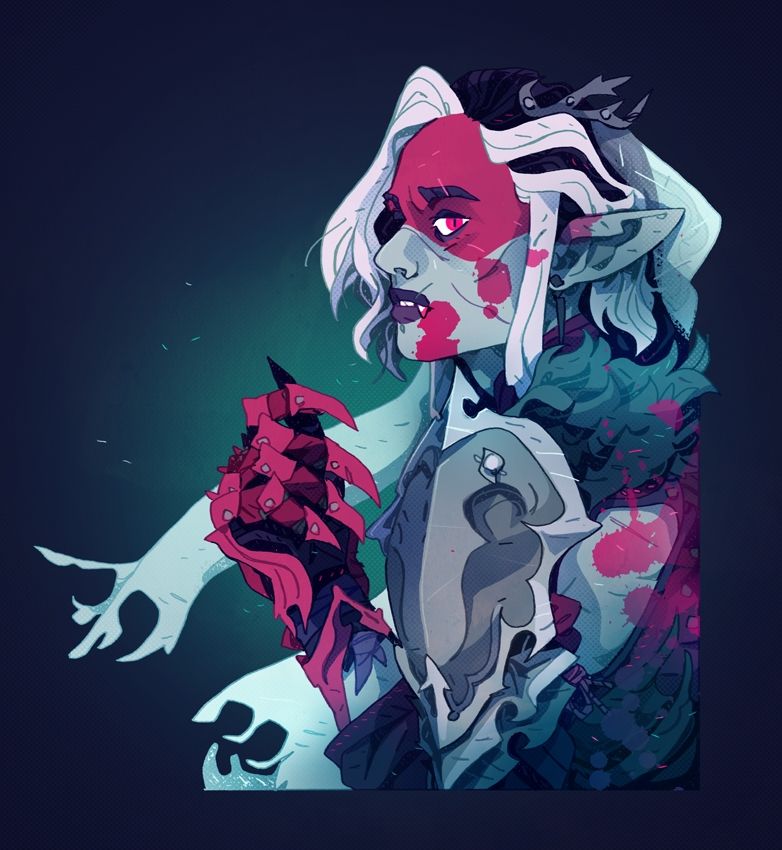 An elegant dhampir woman with grey skin and red paint marking to top half of her face. Splattered with blood and wearing a red gauntlet and long veil.