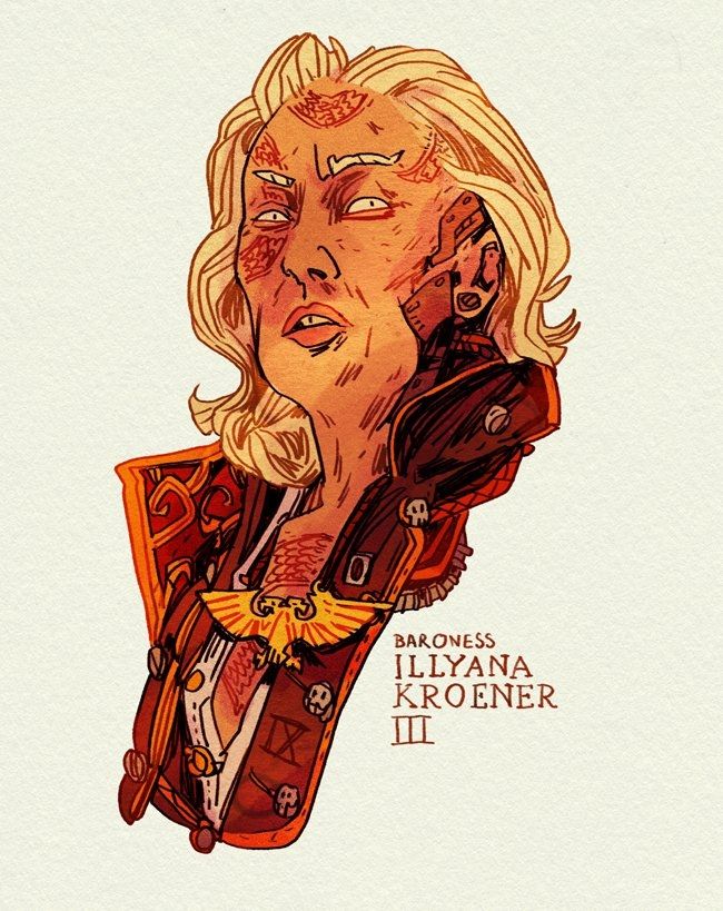 An illustrated bust of an imperial rogue trader. An aging woman with mid-length swept back pale hair. A high collar red red coat with gold trim and an aquilla. She has a faded snake tattoo on her face and augments around her ear.