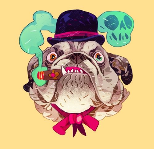 A head shot of a bulldog mix smoking a cigar and wearing a bowler hat. Is carrying big "I'll dash you all over the cobbles son" energy.