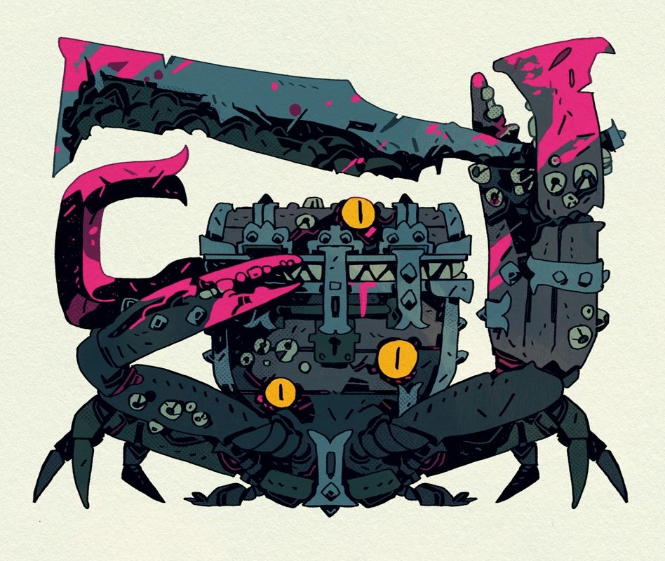 A crab-like mimic chest covered in barnacles. With a crazy tongue and rusty sword in claw.