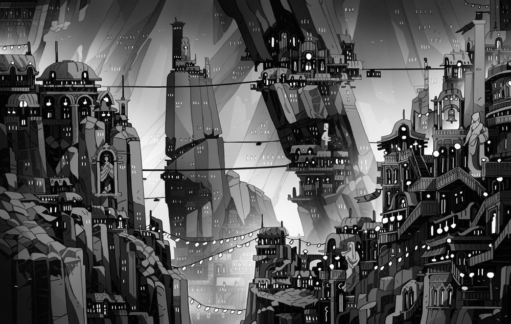 A crowded underground city with cabel cars running through it.