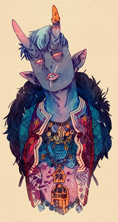 A velvet hued tiefling with a mess of trinkets and a fur collar. 