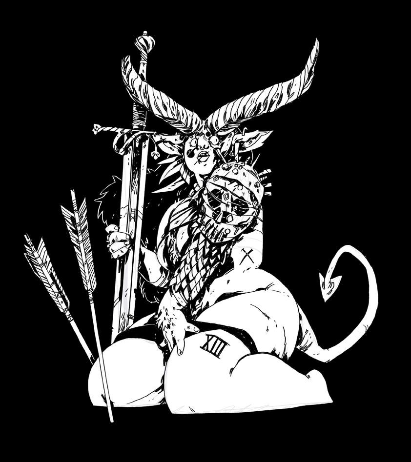 A lady demon with huge horns, sits kneeling with huge sword and arrows planted in the ground. She has a cyrving tail and thick thighs.