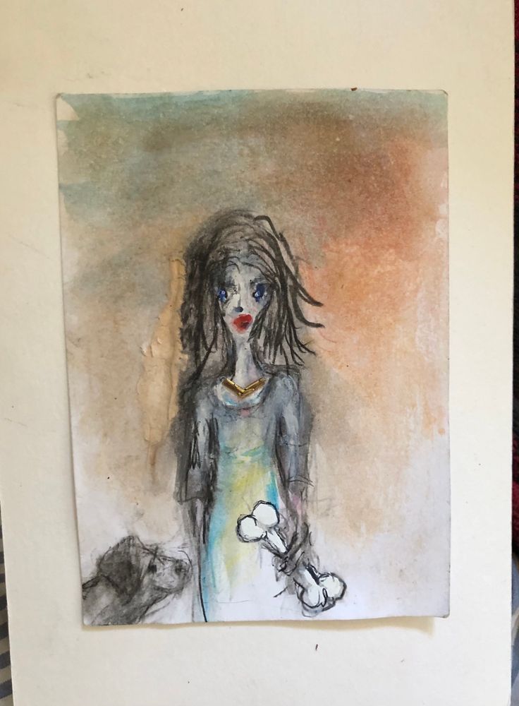 Aquarell eine Frau mit langen Haaren steht da und hat ein riesigen Knochen in der Hand 
Von unten links ist ein Hund dargestellt der sehnsüchtig auf Frau und Knochen schaut