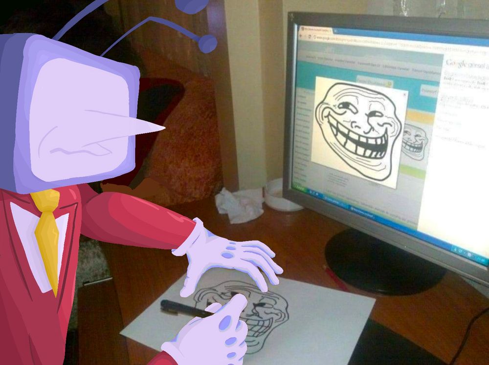 fanart of tenna from deltarune. he is copying a troll face onto paper from a computer screen. he looks troubled