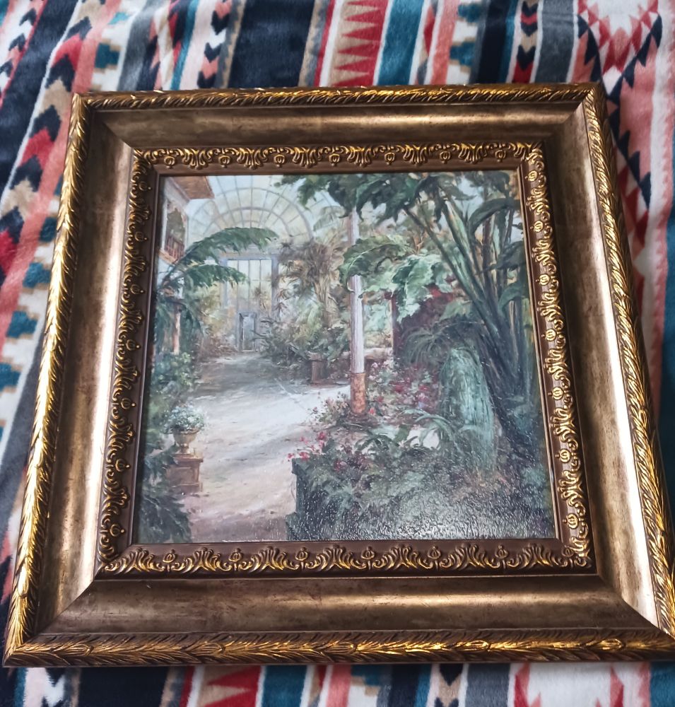 A framed print of "The Conservatory" by Haibin