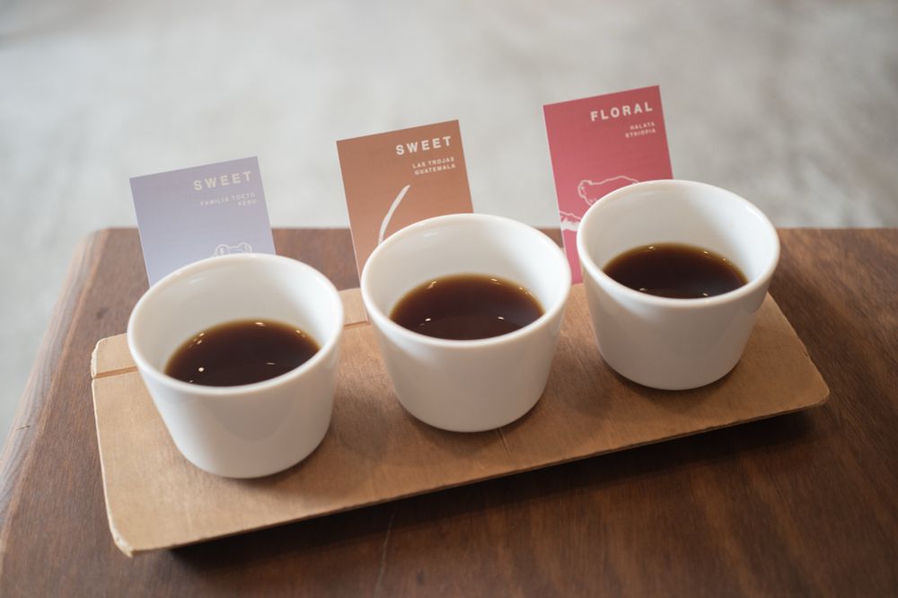 コーヒーが入った白いコップが木のトレイの上に3つ横並びになっている写真。それぞれ後ろにコーヒーについて書かれたカードがある。