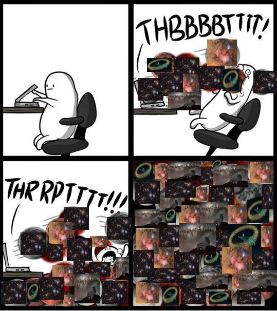 Altered version of a comic from The Oatmeal showing a guy being bombarded with images from the Rubin observatory 